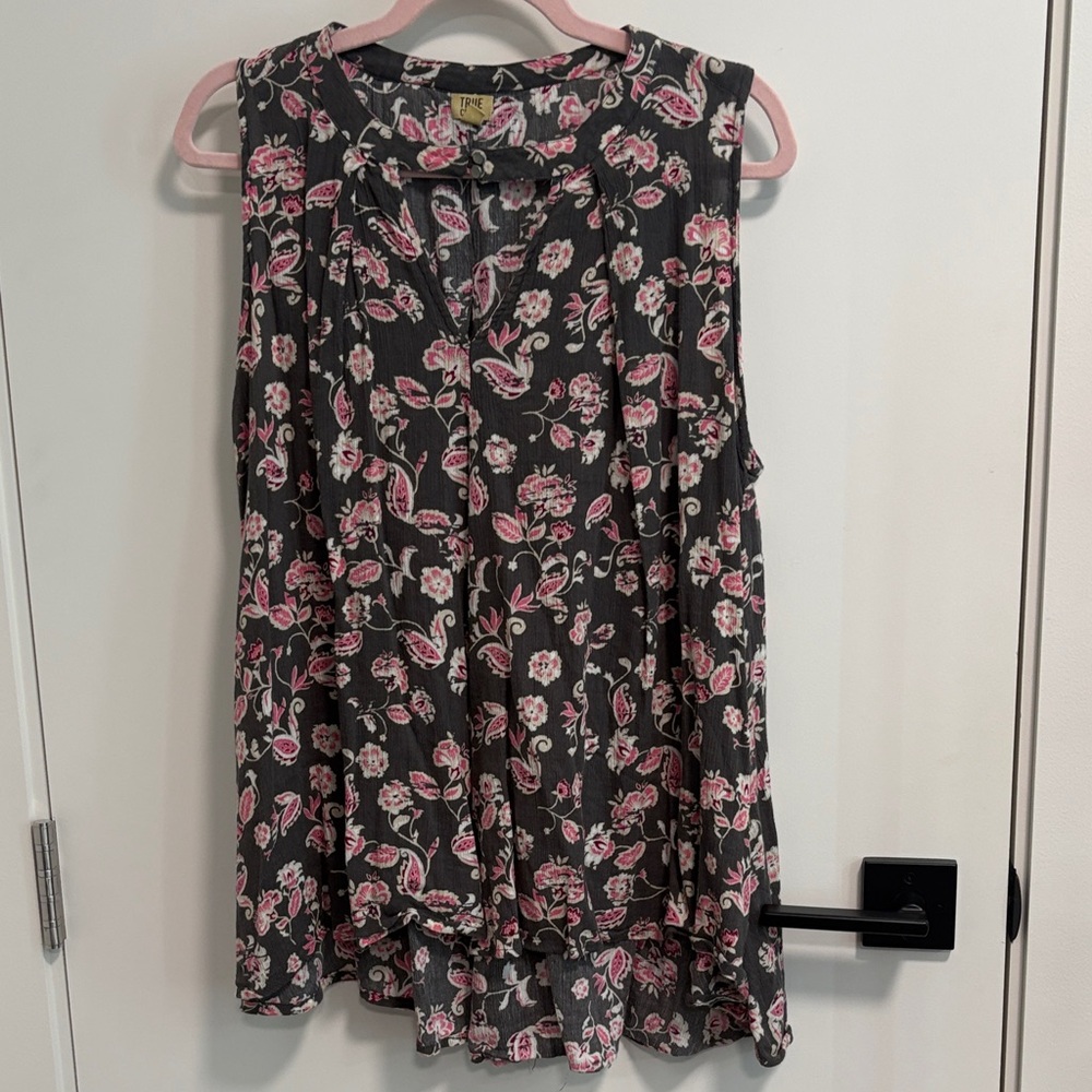 True Craft Black Tank Top with Pink Floral Print